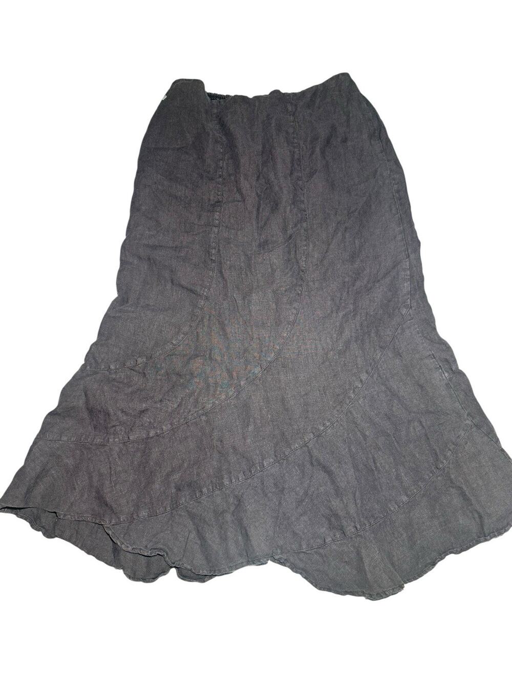 VTG Cut Loose Gray Linen Flared A-Line Midi Skirt Elastic Waist M Lagenlook